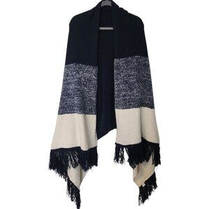 195. New Directions Studio Women's White Blue Sweater Poncho w/ Fringe